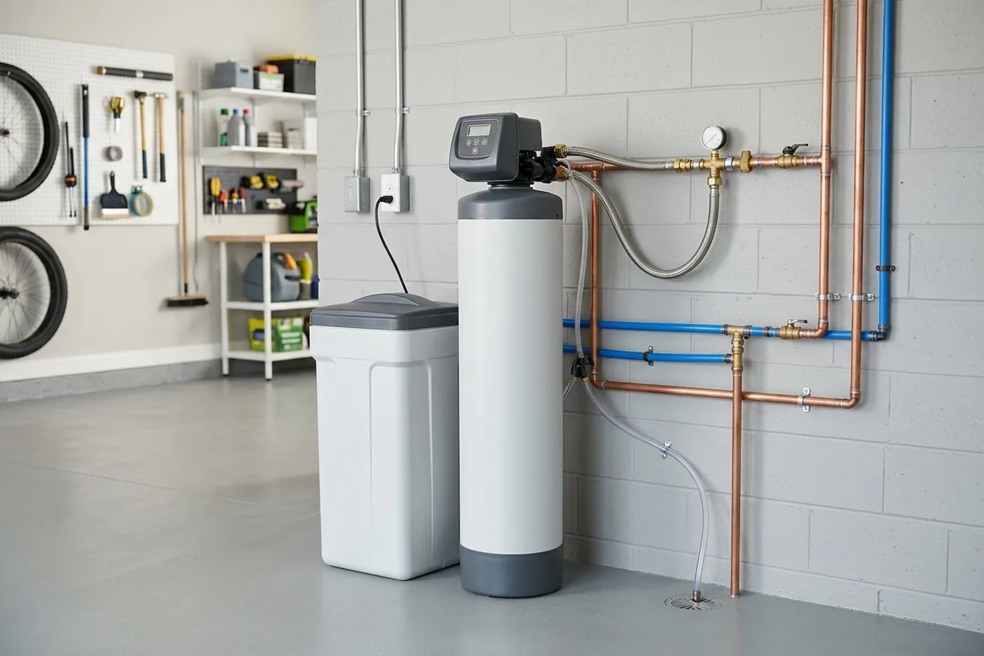 Whole-home water softener installed in a Killeen garage